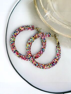 Confetti Glitter Gold Hoop Earrings Multi Color Nwt